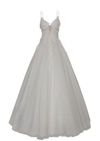 Üç Boyutlu Dantel İp Askılı V Yaka Gelinlik