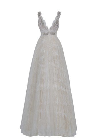 Swarovski Taş ve Dantel Detaylı V Yaka Gelinlik